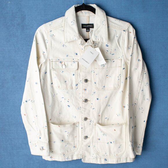 Free Assembly Women’s Denim Barn Jacket Size Small Floral Print Cream NWT - Picture 1 of 8